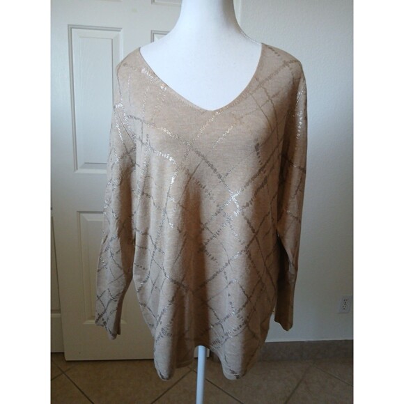 CHICO'S WOMENS FOIL PLAID PULLOVER SWEATER CAMEL‎ HEATHER  SIZE 2 LARGE - Picture 1 of 14